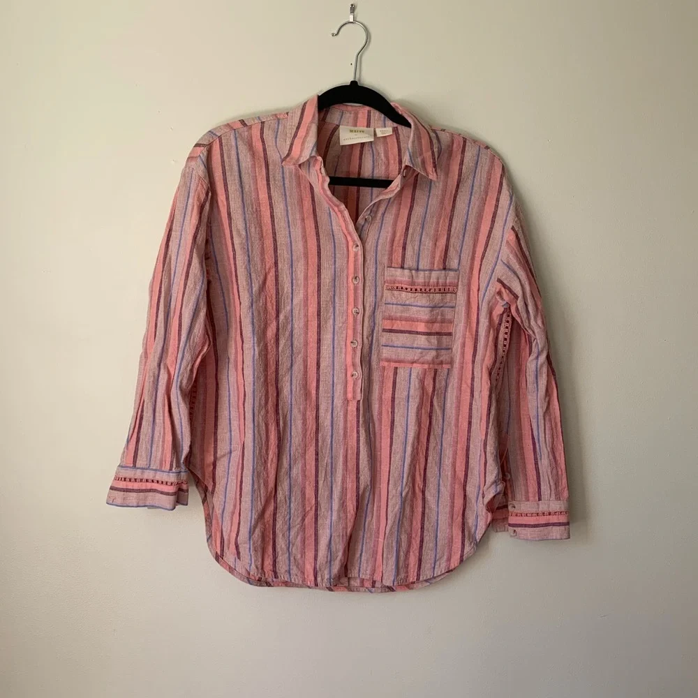 Anthropologie Maeve Anthropologie Striped Linen Blend Shirt Size Small - Picture 2 of 9